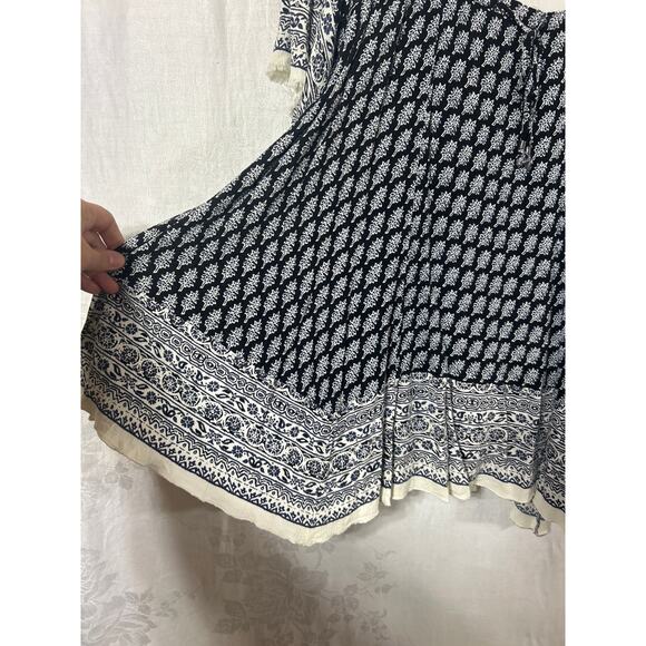 Free People Mini Dress Small PETITE Black Blue Flare Sleeve Fringe Heart of Gold - Picture 2 of 12